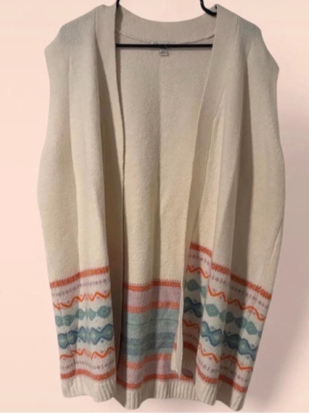 Cato Cream Open-Front Sweater Cardigan with Coral and Teal Accent